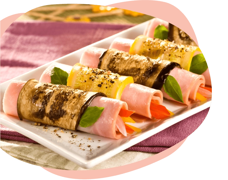 Rollos de jamon mediterraneo con berenjena