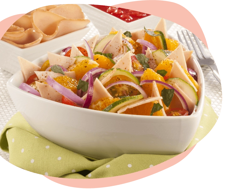 ensalada de naranja con jamon de pavo y vinagreta de tomate